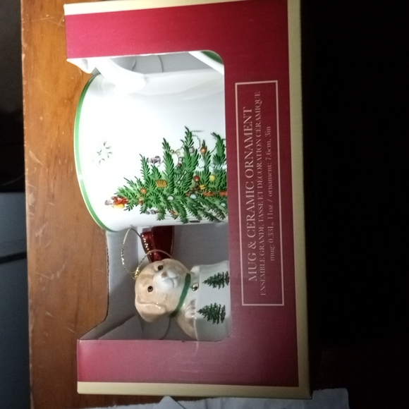 Set Christmas Spode Tree Mug & Puppy in Boot Ornament NIB - Picture 1 of 7
